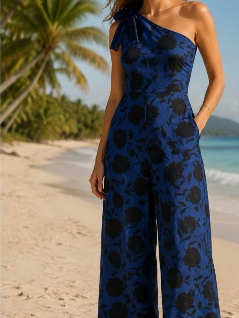 Kate Spade One-Shoulder bow Blue Floral Wide-Leg Jumpsuit coastal cottagecore - Picture 8 of 17